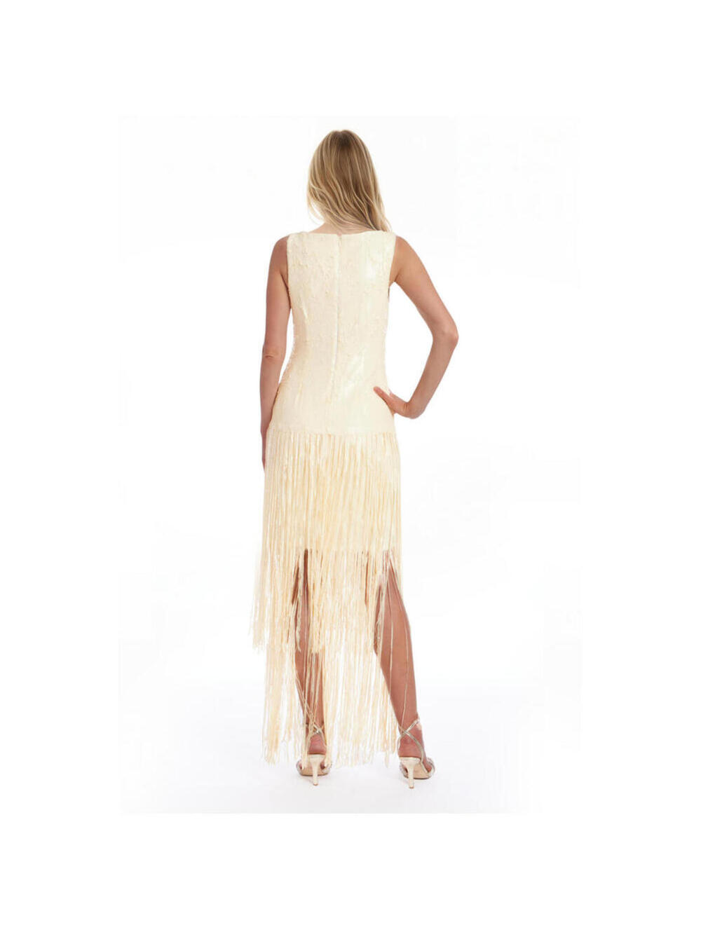 Badgley Mischka Emilia Tiered Sequin Fringe V-Neck Dress Buttercream * 2 Party - Picture 6 of 8
